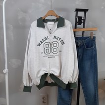 상상그이상 여성용 국내제작 88 배색 맨투맨 카라 긴팔 티셔츠 발포나염