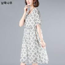 나팔 소매 플라워 원피스 여 2023 여름 미디움 롱 반팔 a라인 스커트 루즈핏 날씬해 보이는 엄마옷