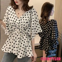 온스타일러 [당일발송] 러팅 밴딩 도트 쉬폰 블라우스 반팔 여름 빅사이즈여성