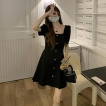 ANYOU 여성 스퀘어넥 반팔 플리 버튼 슬림 원피스