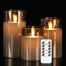 GenSwin LED 불꽃 없는 깜박임 배터리 작동 양초 10키 리모컨 실제 왁스 움직이는 심지 기둥 유리 양초 축제 결혼식 크리스마스 홈 파티 장식용(3팩 그레이), 무빙 그레이