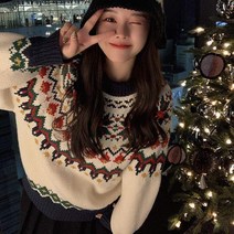 노르딕 니트 빈티지 터틀넥 스웨터 슬란드 크리스마스 새해 여성 북유럽 귀여운 레트로