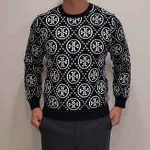 남여 공용 골프웨어 십자수 무늬 라운드 긴팔 니트 기능성 스판 블랙 화이트 빅사이즈 커플