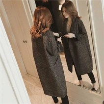 여성 체크 롱 코트 자켓 미디 하운드투스 모직 카라 무릎 누에 고치