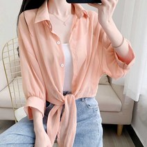 여름 여성 데일리 셔츠 얇은 긴팔 허리 매듭 블라우스