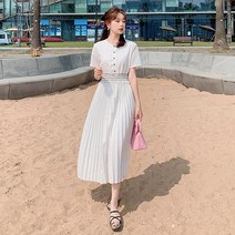 우아한 화이트 하얀색 봄 여름 가을 플리츠 허리밴딩 반팔 롱 원피스