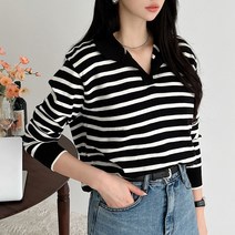 뜨개진 여성용 스트라이프 브이넥 리즈 카라넥 니트