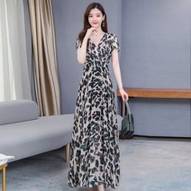 여성 호피 브이넥 쉬폰 롱 반팔 원피스 66 77 빅사이즈