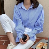 세련된 루즈한 랜턴 슬리브 스트라이프 셔츠 여성 블라우스 캐주얼 긴 소매 봄여름 올 매치 기본 상의 의류