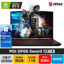 MSI Sword GF66 A12UE 인텔 12세대 i7-12700H RTX3060 윈도우11 배그 주식 고성능 게이밍 노트북, GF66 Sword, WIN11 Pro, 16GB, 1TB, 코어i7, 블랙