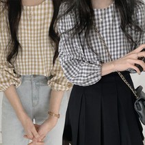 주디앤 여성 체크 라운드넥 긴팔 블라우스 2P