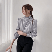 [당일출고] 세이지 드레이프 셔링 하이넥 반목 새틴 실크 블라우스 2color