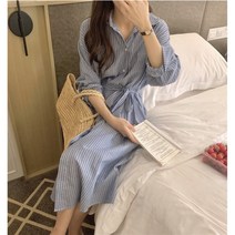 [랜덤플레이] 레이스 업 롱 스트라이프 원피스