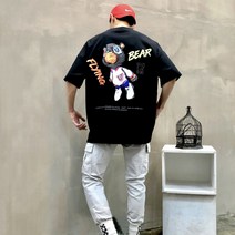 플라잉 베어 프린트 남자 여름 오버핏 반팔 티셔츠