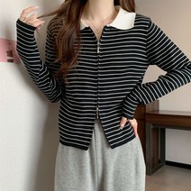 마쿠쿠 투웨이 단가라 카라 배색 여성 스트라이프 긴팔 니트 크롭 집업 가디건 카디건