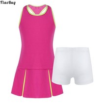 테니스 원피스 편한 테니스복 투피스 tiaobug 2pcs kids girls 여름 스포츠 정장 라운드 넥 민소매 드레스와 반바지 세트 운동복 실행 체육관 배드민턴