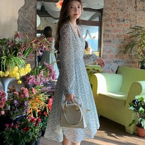 보드미 잔꽃원피스 코디피셜 레이스 브이네크 잔꽃 긴팔 롱원피스