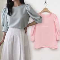8909 (국내산) 쉬폰 셔링 블라우스 라운드넥 퍼프소매 여성 봄 여름 7부 프릴