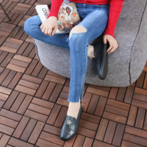 [최저가]여성 천연소가죽 별 큐빅 스티치 슬립온 운동화 3cm