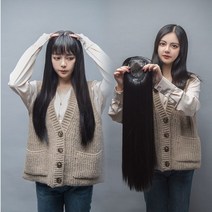가발 여자 긴 생머리 3D 풀헤어 트리트먼트 히든 헴라인 이음매는 헤어네트 필요 없음, 다크브라운