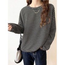 봄 가을 스트라이프 티셔츠 루스 긴팔 탑스 Femme Camisetas De Mujer 라운드니트 니트집업 반집업니트 스웨터 여름