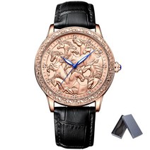 남자가죽시계 남자손목시계 WooBong 새겨진 3D 여덟 말 패션 발광 방수 남자 쿼츠 시계 비즈니스 가죽 포함