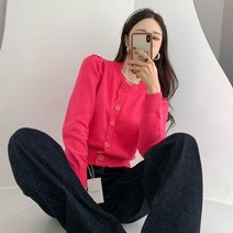 비비드 컬러 웨이브 단추 숏 가디건