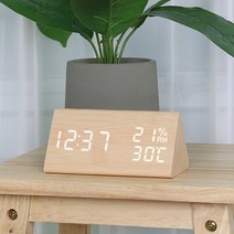 구우스 무소음 LED 우드 삼각 온도 습도 알람 탁상 시계