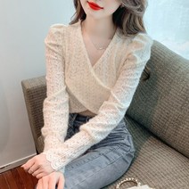 DFMEI 초선레이스 브이넥 긴팔 상의 시크한 기질 블라우스