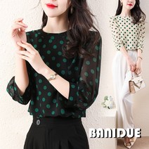 [바니드] 여성 폴카 도트 라운드넥 여름 쉬폰 7부소매 럭셔리 블라우스 0852