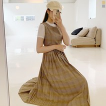 티데일리 여성용 클래식 체크 민소매 플리츠 롱 원피스 (2color)
