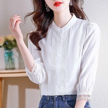 화이트 셔츠 여 디자인 초봄 루즈핏 프렌치 레이스 칠부 상의