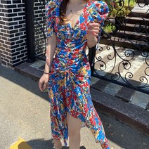 비비 블루꽃 브이넥 셔링 퍼프소매 언발 롱원피스