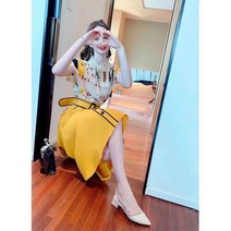 bygmo 드레스 여성의 여름 2021 새로운 디자인 감각 인쇄 칼라 셔츠 오버스커트 그물 붉은 튀김 거리 연령 감소 투피스, 코트 스커트 세트, XL [권장 120 ~ 135kg]]