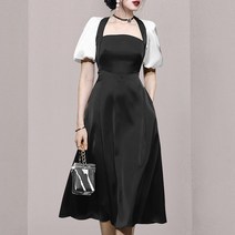 잇츠스타일 여성 스퀘어넥 블랙앤화이트 배색 컬러 캐주얼 블랙 미디원피스