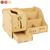 socean 목재 미니 서랍장 다용도 수납통 멀티 수납 케이스 조립식 나무 소품함 DIY 화장대 각티슈 리모컨 정리대 데, 핑크