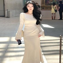 여성 가을원피스 긴팡 롱 원피스 프랑스 우아한 바디콘 드레스 플레어 슬리브 빈티지 얼룩 파티 인어 한국 가을 패션