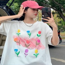 포텐만발 여성 옷 빅사이즈 반팔티 플라워프린트 박스티 루즈핏 롱티 여름 오버핏