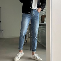 데님공방 남성용 밴딩청바지 슬림일자핏 스판 중청 워싱 데님팬츠
