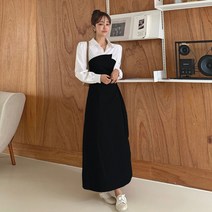 떳다그녀 다이픈 배색 셔츠 롱 원피스