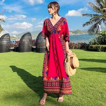 해외여행여름옷 동남아 원피스 에스닉 휴양지 브이넥 롱