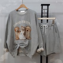 상상그이상 여성용 국내제작 강아지세트 귀여운 프린팅 포인트 밴딩 4부팬츠 편안한 트레이닝세트 간절기 홈웨어 꾸안꾸 스타일