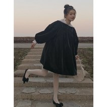 빈티지 블랙 호롱소매 벨벳 원피스 여 봄신상 작은키양기루즈핏A라인스커트