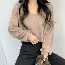 포디룩 (5color) 벌룬골지 크롭 브이넥 니트 티셔츠