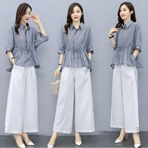 FANSYLI 여성 봄여름 린넨 세트 셔츠 와이드 팬츠 투피스