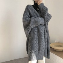 JUST FEEL!NG 니트가디건 롱 루즈핏 숄 꽈배기 오픈 스타일 니트 하프기장 모직 스웨터 가디건 코트