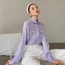 여성 빅카라 블라우스 2543# 장미 자수 플래시 셔츠 긴팔에의초추 뉴타임즈 Z