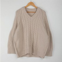 빼빼 여성용 브이넥 케이블 꽈배기 롱 니트 티셔츠