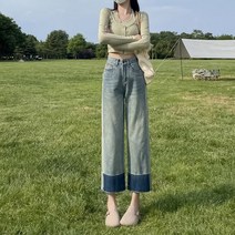 빈티지 워싱 데님 옆라인 레이스 리본테이프 일자 여름청바지 연청 진청