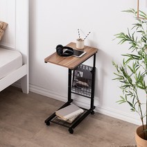침대 테이블 노트북 테이블 ㄷ 자 바퀴달린 이동식 다용도 책상 침대옆 협탁 철제 프레임 원목 상판, 블랙